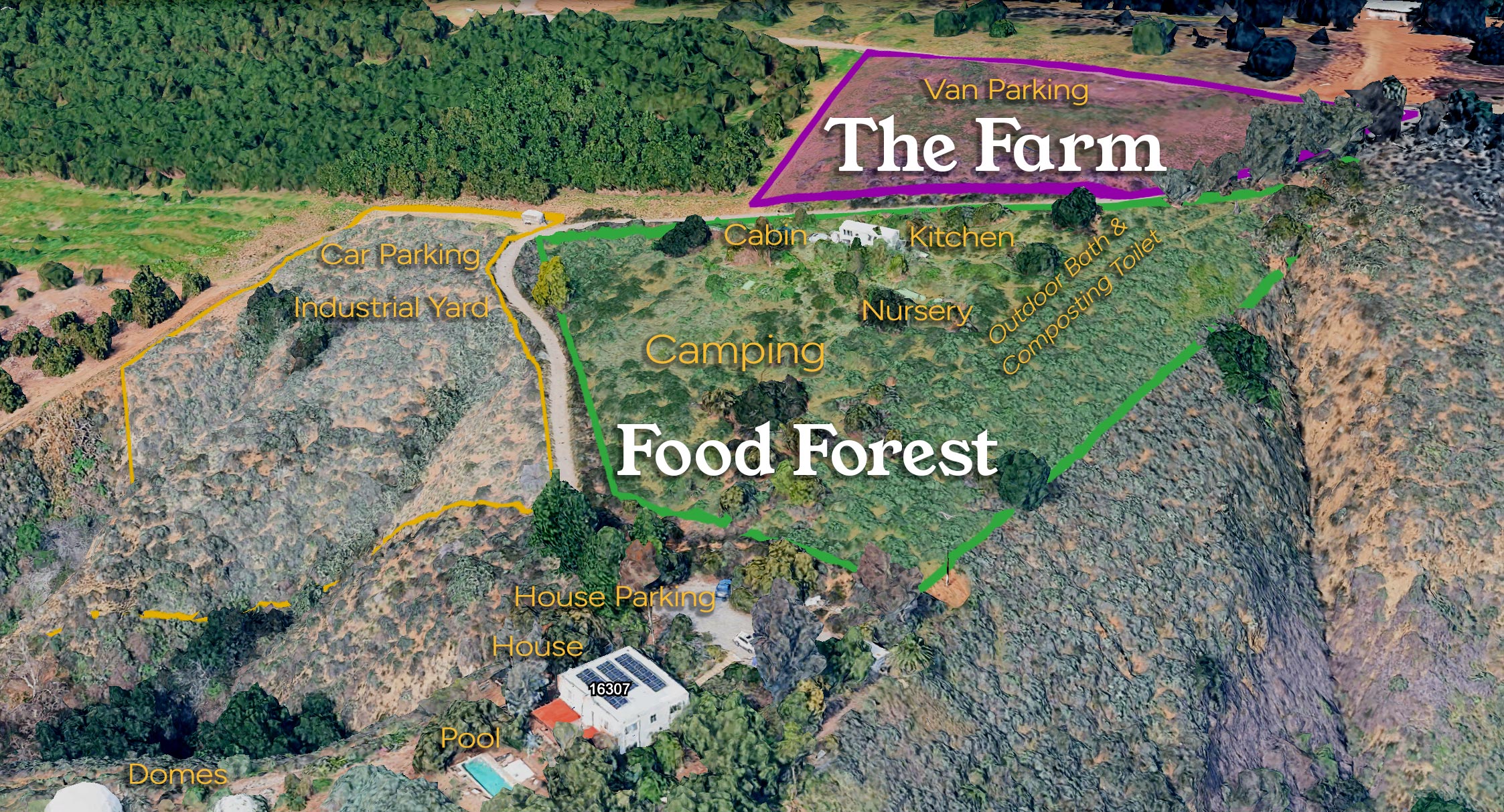 Labeled site map of the property showing The Cabin and Upper Ag Terrace areas